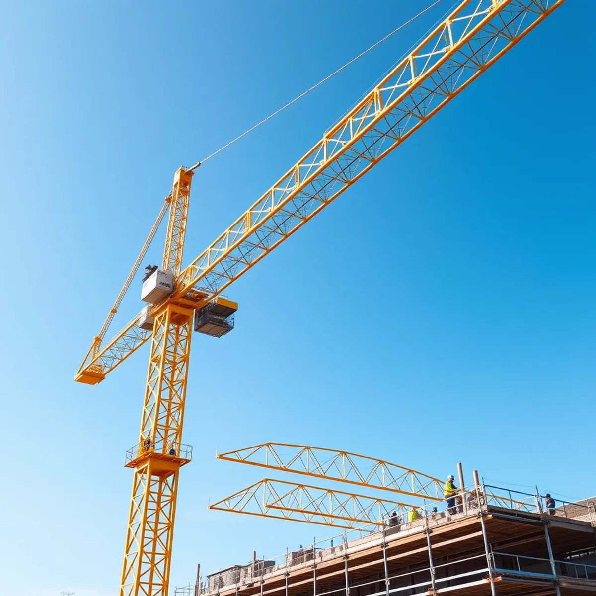 Large tower crane lifting structural steel on commercial construction project