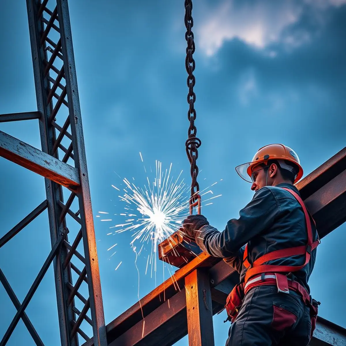 Iron worker welding structural steel connection on high-rise building